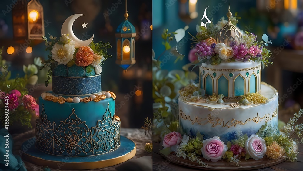 Fototapeta premium Two ornate multi-tiered cakes, adorned with floral arrangements and Islamic motifs, stand before blurred, festive lanterns