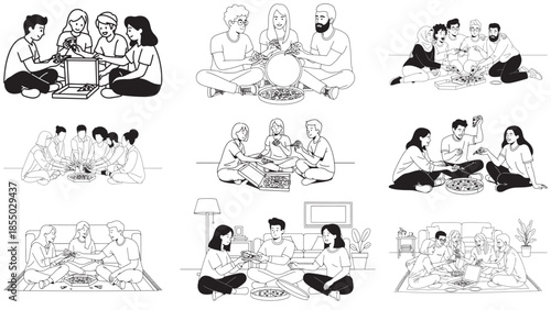 Casual Vector Illustration of a Group of Diverse Friends Sharing a Fresh Pizza on the Living Room Floor during a Cozy Home Hangout and Relaxed Social Meal