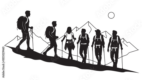 Vector silhouette illustration of a group of six hikers with backpacks and trekking poles climbing a mountain range under a sun for outdoor adventure and travel concepts
