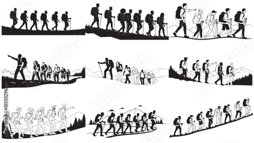 Diverse Multicultural Group of Friends Hiking Together on a Scenic Nature Trail Representing Adventure Teamwork and Outdoor Fitness Exploration