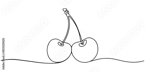Cherry continuous one line drawing. Editable stroke on a white isolated background. Fruit vector illustration, Two cherries with stem and leaf continuous line drawing. Minimal one line vector outline 
