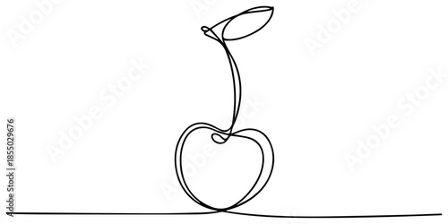 Cherry continuous one line drawing. Editable stroke on a white isolated background. Fruit vector illustration, Two cherries with stem and leaf continuous line drawing. Minimal one line vector outline 
