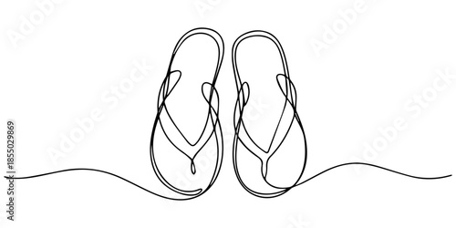 Flip flops continuous one line drawing. one line Icon drawing, Flip flops continuous one line drawing, single line art element, minimalist sketch line vector illustration, summer travel holiday 