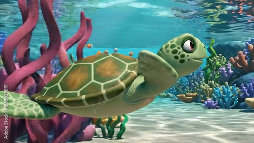Baby sea turtle swimming gracefully through crystal clear ocean waters in charming 3D cartoon animation