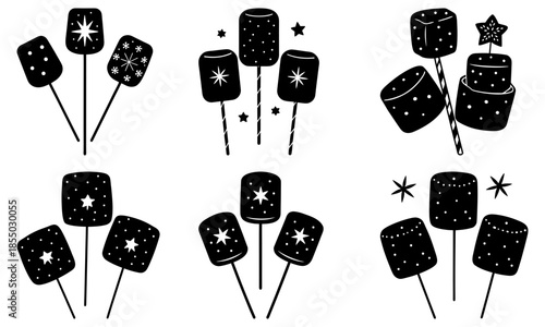 Black and white star-shaped marshmallows with dots and snowflakes on sticks on transparent background