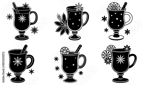 Five black mugs with hot drinks and star decorations on white background