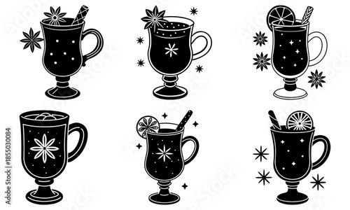 Five black mugs with festive decorations and citrus slices on white background star anise cinnamon sticks