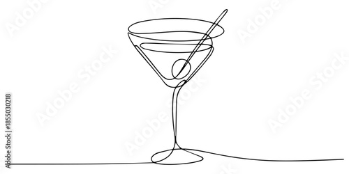 Continuous one line drawing of a martini glass with a straw on a white background vector illustration, Glass of cocktails in continuous one line drawing. Margarita toast and martini cup in simple line
