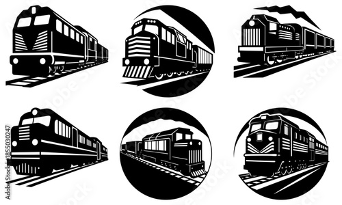 Six black and white train silhouettes on a white background locomotive steam train