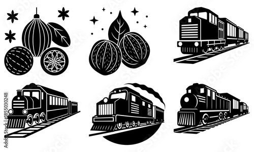 Black and white of trains and decorative on white background locomotive steam engine