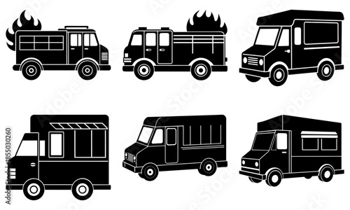 Six Black Food Trucks with Flames Silhouettes on White Background