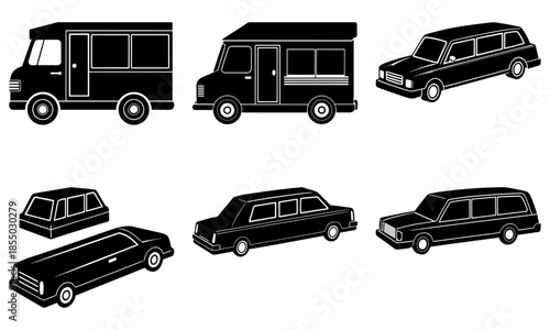Six Black Vehicles Silhouettes on White Background
