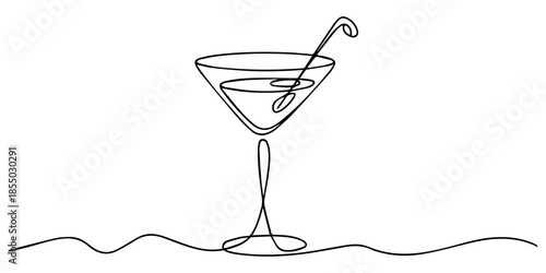 Continuous one line drawing of a martini glass with a straw on a white background vector illustration, Glass of cocktails in continuous one line drawing. Margarita toast and martini cup in simple line