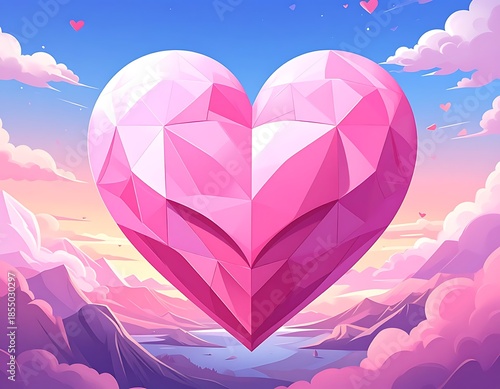 Pink faceted heart floats over mountains and water, against a sky with clouds and tiny hearts