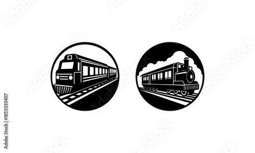 Two Train Silhouettes in Circular Frames on White Background locomotive steam train