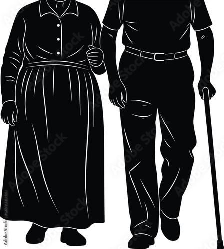 Elderly couple walking together with cane, black silhouette illustration, senior support, aging partnership, healthcare concept, companionship, assistance, mobility, safety, care