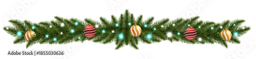 Realistic fir branches with colorful garlands and festive decorations