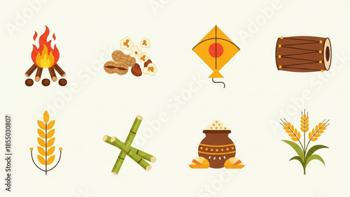 Pongal festival elements collection including kite, drums, wheat and fire