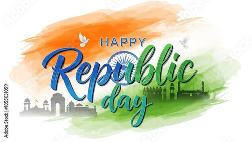 Colorful republic day greeting card with indian flag and landmarks happy republic day