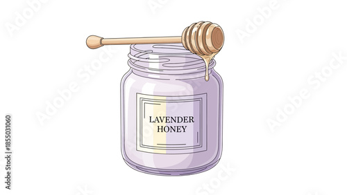 Aromatic Lavender Honey in a Glass Jar with a Wooden Dipper, Golden Nectar Dripping, Sweet Floral Flavor Illustration