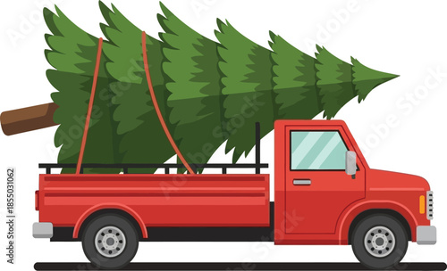 Vibrant red pickup truck carrying a large, freshly cut Christmas tree on its bed, symbolizing holiday traditions.