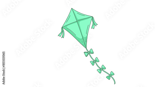 A bright green kite with a long tail, soaring through the sky on a windy day