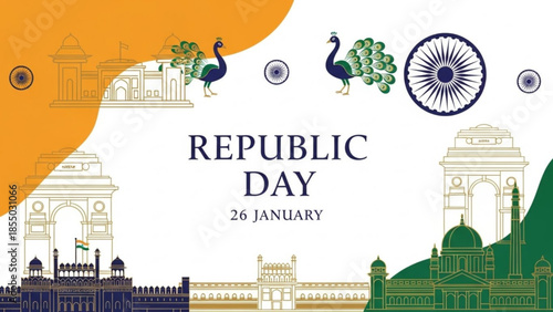 Indian republic day celebration illustration with national monuments and symbols on 26 january