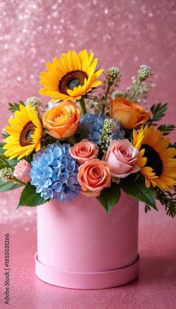 Fototapeta premium Pink box holds bright sunflower, rose, hydrangea bouquet. Decorative floral gift composition for parties celebrations. Elegant blooms arranged on sparkling rose background.