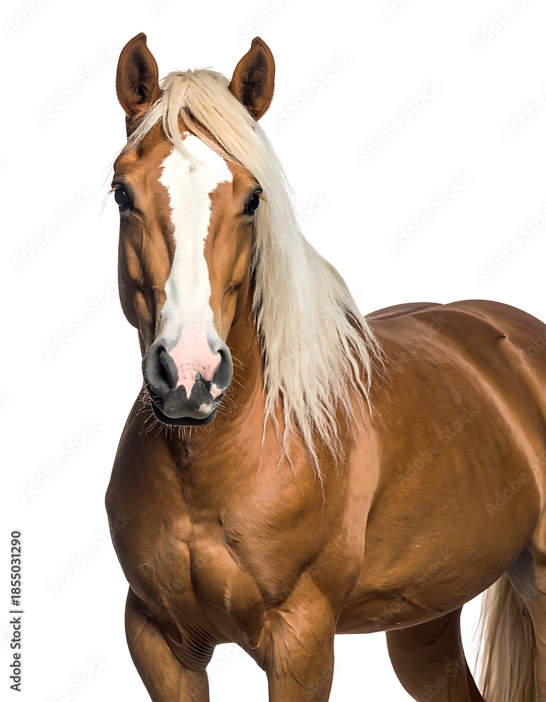Obraz premium Palomino horse with blonde mane & white face, isolated on white background, facing forward with a gentle, friendly expression