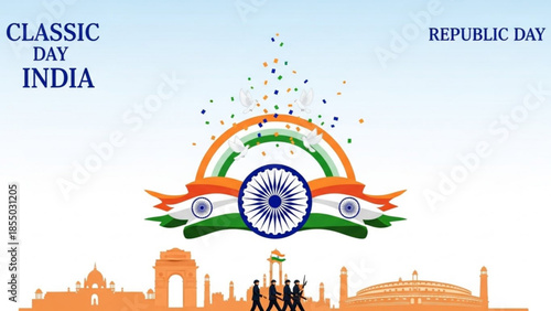 Indian republic day celebration illustration with flag, monuments, and marching soldiers