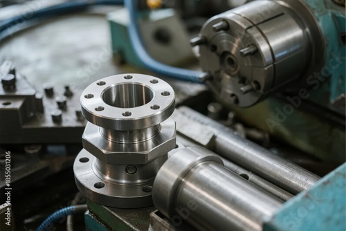 Precision metal parts being machined on a lathe in an industrial workshop