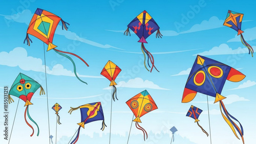 Colorful kites flying high in a bright blue sky with white clouds, a vibrant and joyful scene