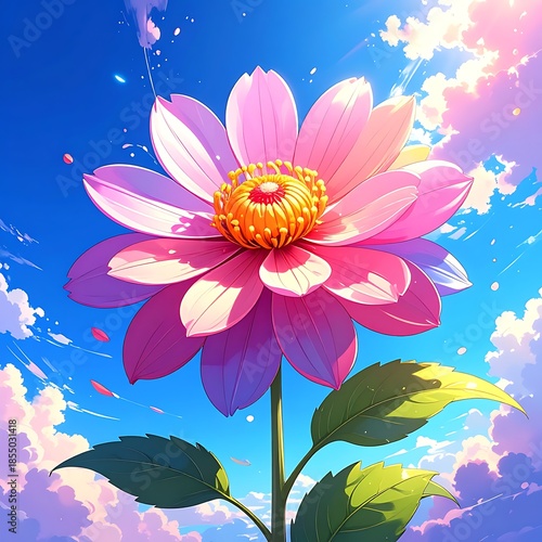 Pink flower blooming against a vibrant blue sky with fluffy white clouds and sunbeams