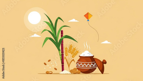 Traditional indian harvest festival illustration with sugarcane, rice, and kite flying high