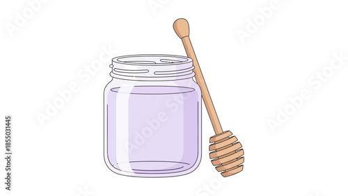 Clean Vector Illustration of a Transparent Glass Jar and a Wooden Honey Dipper for Sweet Concepts