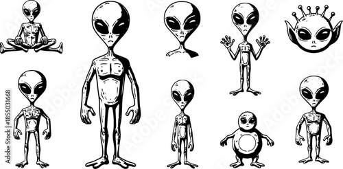 vector set of green aliens vector drawing
