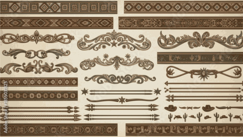 A large collection of old western design elements, embellishment, borders and divider lines.
