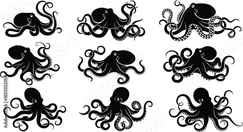 Octopus silhouettes, tentacle pose icons, black vector set, marine life graphics, artistic cephalopod designs, o
