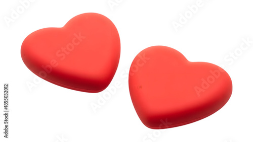 Two vibrant red hearts in a 3d render on transparent background