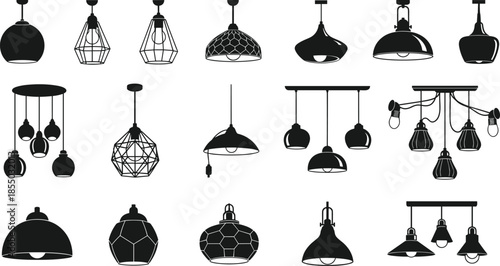 Pendant light fixture silhouettes, black vector set, interior lighting icons, dome and wireframe designs, 