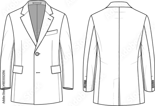 Men's blazer technical sketch, front and back view, single-button closure, notched lapel, flap pockets, sleeve buttons, garment construction, fashion template
