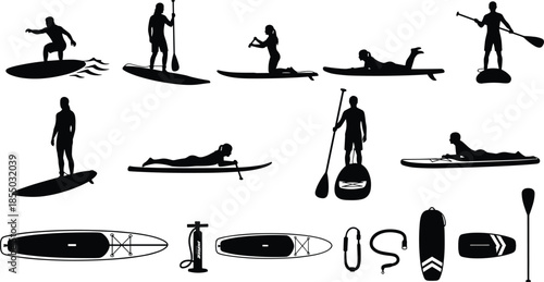Paddleboarding silhouettes, surfing poses, water sports vector, black icons, SUP gear, surfboard action, outdoor activity, paddleboard equipment, silhouette set, aquatic motion