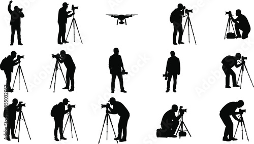 Photographer silhouettes, tripod camera poses, black vector set, drone icon, outdoor photography, gear and stance, silhouette pack, photo shoot, camera operator, visual storytelling