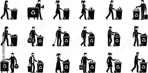 Recycling activity silhouettes, black vector set, waste disposal icons, environmental awareness, trash bin 