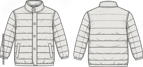 Padded jacket technical flat sketch, front and back view, button closure, flap pockets, quilted design, elastic hem, garment template