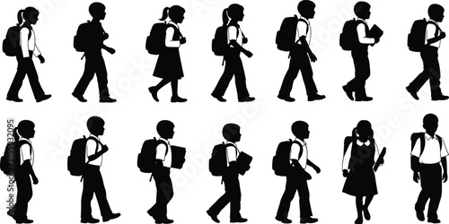 School children silhouettes, walking students, black vector icons, backpacks, education theme, youth movement, student clipart, school routine, silhouette set, academic journey