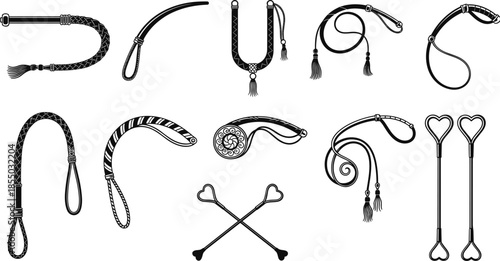   
Whip and paddle silhouettes, BDSM gear icons, fetish tools vector, black set, leather straps, heart paddles, silhouette pack, adult accessories, kink illustration, erotic implements