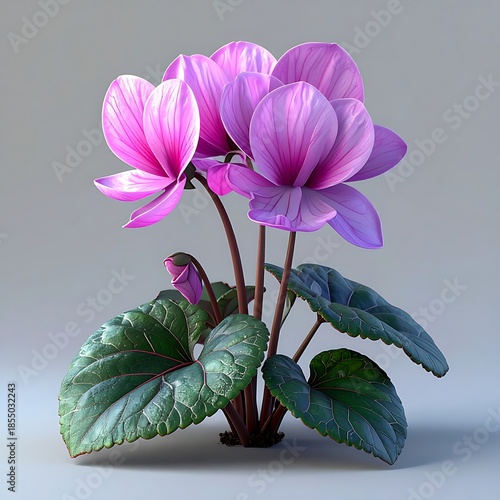 Pink flower blooms with large petals and veined dark green leaves against a neutral gray background, light from above