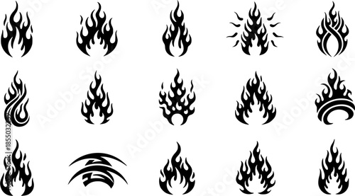 Silhouette Fire flames. Old school tattoo neo-tribal style or silhouette flame for cars. set vector icons. Fire sign. Fire flame icon isolated on white background. Vector illustration