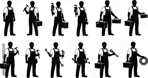 Worker silhouettes, tradespeople vector set, black icons, construction tools, mechanic poses, plumber gear, hard hat figures, silhouette pack, labor professions, tool handling